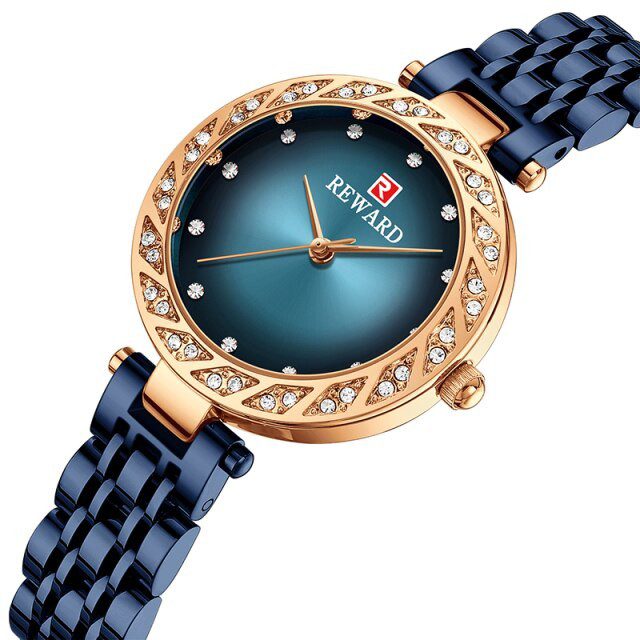 REWARD RD21050L Bronze Bleu montre à Quartz de luxe pour femme en acier massif et diamant