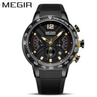 MEGIR 2106G Noir montre pour homme bracelet en Silicone, étanche, à Quartz, chronographe