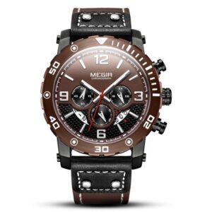 MEGIR 2084 Marron montre bracelet en cuir pour hommes, mode et décontracté, étanche, Quartz, chronographe