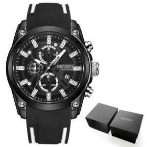 MEGIR MN2144G Noir montre pour hommes, étanche, bracelet en Silicone, chronographe lumineux