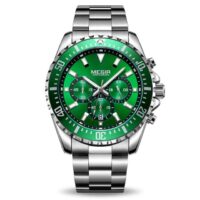 MEGIR M2064G Argent Vert montre à Quartz avec chronographe analogique pour homme