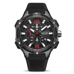 MEGIR 2161 Noir montre de luxe en Silicone pour hommes, avec cadran à Quartz, chronographe