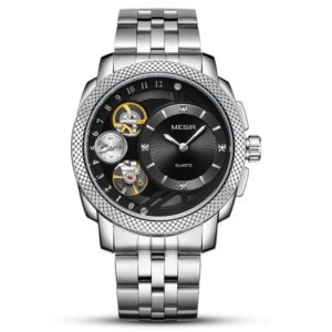 MEGIR 2091 Argent Noir montre de luxe pour hommes, bracelet en acier, étanche, Quartz