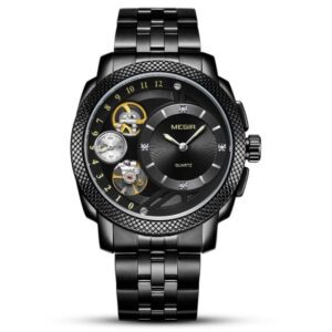 MEGIR 2091 Noir montre de luxe pour hommes, bracelet en acier, étanche, Quartz