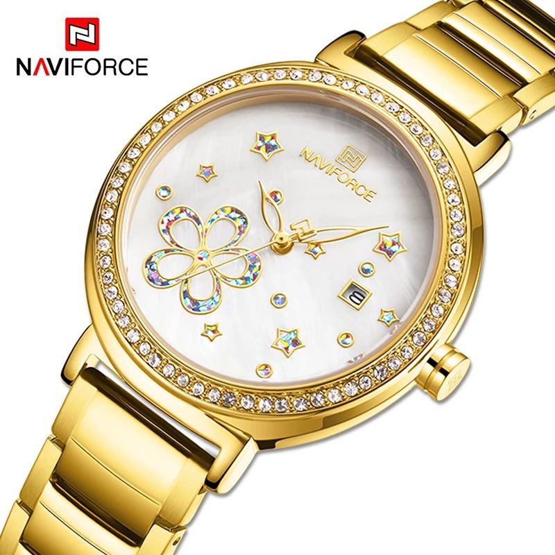 NAVIFORCE 5016 dorée montre bracelet de luxe pour femmes, à Quartz, étanche, décontractée