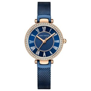 MINI FOCUS 0424 Bleu montre de luxe pour femmes, marque supérieure, décontractée, bracelet en maille et acier, cadran diamant