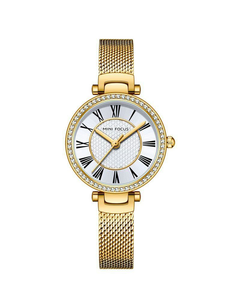 MINI FOCUS 0424 Dorée montre de luxe pour femmes, marque supérieure, décontractée, bracelet en maille et acier, cadran diamant