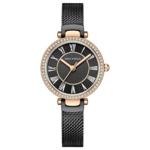 MINI FOCUS 0424 Noir montre de luxe pour femmes, marque supérieure, décontractée, bracelet en maille et acier, cadran diamant