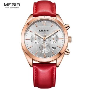 MEGIR 2115 Rouge montre bracelet en cuir à Quartz pour femme et fille, étanche, avec chronographe