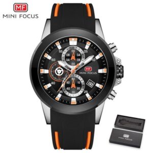 MINI FOCUS MF0287 Noir Orange – chronographe militaire à Quartz pour hommes avec bracelet en Gel de silice