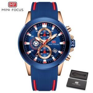 MINI FOCUS MF0287 Bleu – chronographe militaire à Quartz pour hommes avec bracelet en Gel de silice