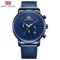 MINI FOCUS MF0102G Bleu – montre à Quartz en cuir véritable pour hommes chronographe
