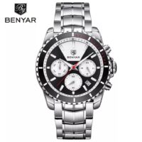 BENYAR BY 5128 Argenté Noir – montre étanche en acier inoxydable pour homme, marque de luxe, chronographe
