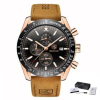 BENYAR BY-5140 Marron Noir montre étanche pour homme, marque de luxe, bracelet en cuir, Sport, Quartz, chronographe