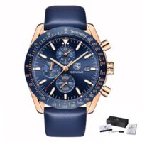 BENYAR BY-5140 Bleu montre étanche pour homme, marque de luxe, bracelet en cuir, Sport, Quartz, chronographe