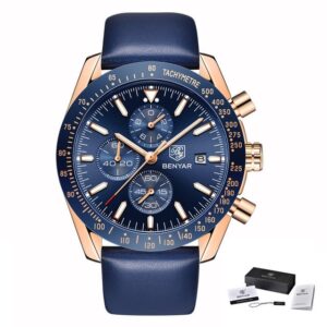 BENYAR BY-5140 Bleu montre étanche pour homme, marque de luxe, bracelet en cuir, Sport, Quartz, chronographe