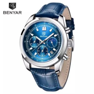 BENYAR BY-5193 Bleu montre étanche pour homme, marque de luxe, bracelet en cuir, Quartz, chronographe