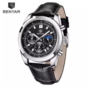BENYAR BY-5193 Noir montre étanche pour homme, marque de luxe, bracelet en cuir, Quartz, chronographe