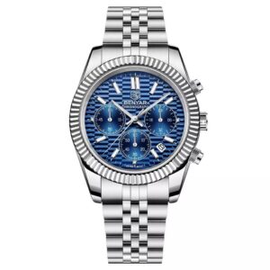 BENYAR BYS001 Argenté Bleu Montre bracelet en acier inoxydable pour homme, étanche, chronographe de luxe