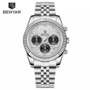 BENYAR BYS001 Argenté Montre bracelet en acier inoxydable pour homme, étanche, chronographe de luxe