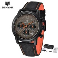 BENYAR BY 5190 Noir Orange montre chronographe étanche Sport en cuir véritable pour hommes