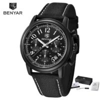 BENYAR BY 5190 Noir montre chronographe étanche Sport en cuir véritable pour hommes
