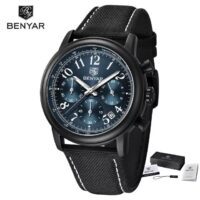 BENYAR BY 5190 Noir Bleu montre chronographe étanche Sport en cuir véritable pour hommes