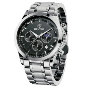 BENYAR BY 5160 Argenté Noir montre étanche en acier inoxydable pour hommes, chronographe à Quartz
