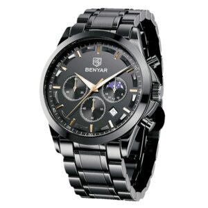 BENYAR BY 5160 Noir montre étanche en acier inoxydable pour hommes, chronographe à Quartz