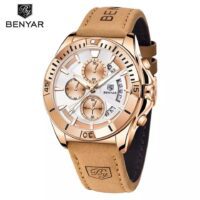 BENYAR BY 5180 Bronze Argenté – montre de Sport à Quartz pour hommes, chronographe, en cuir véritable