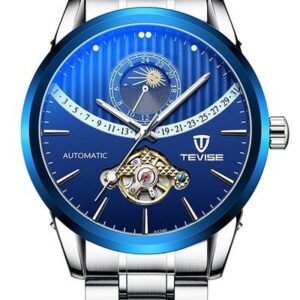 TEVISE 8378F Argenté Bleu montre mécanique pour hommes cadran lumineux de Phase de lune, étanche, automatique