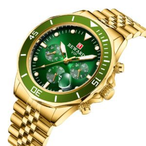 REWARD RD81064 Or Verte Montres classiques pour hommes lumineux multifonction, montre-bracelet en acier inoxydable