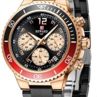 REWARD RD81054 Noir Bronze Montres-bracelets chronographe multifonction pour hommes, étanche à Quartz