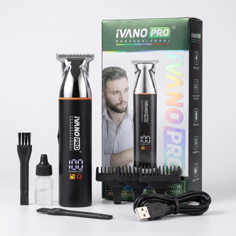 Tondeuse cheveux et barbe iVANO PRO IVO-123 noire avec écran LED digital et lame professionnelle