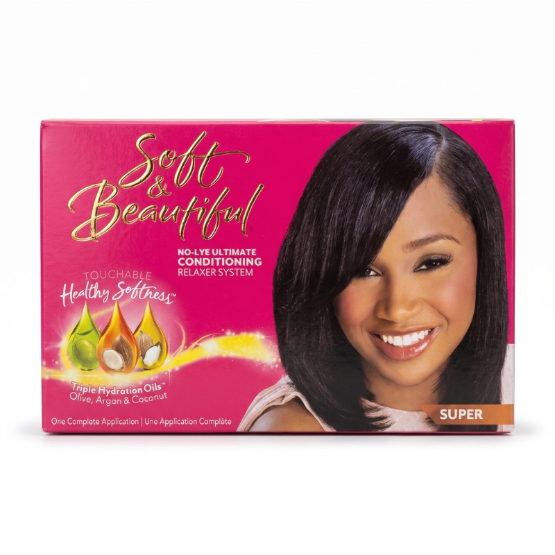 Kit défrisant sans soude Soft & Beautiful force Super aux huiles d'argan, olive et coco – boîte rose