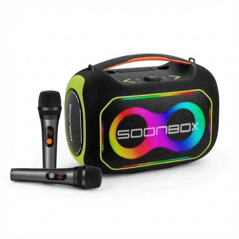 Enceinte karaoké Bluetooth SOONBOX S6300 Pro 160W noire avec LED RGB et 2 micros sans fil