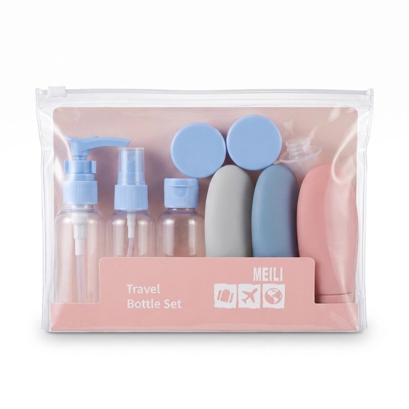 Kit flacons de voyage MEILI 9 pièces avec tubes souples pastel, vaporisateur, flacon pompe, pots à crème et trousse zippée transparente