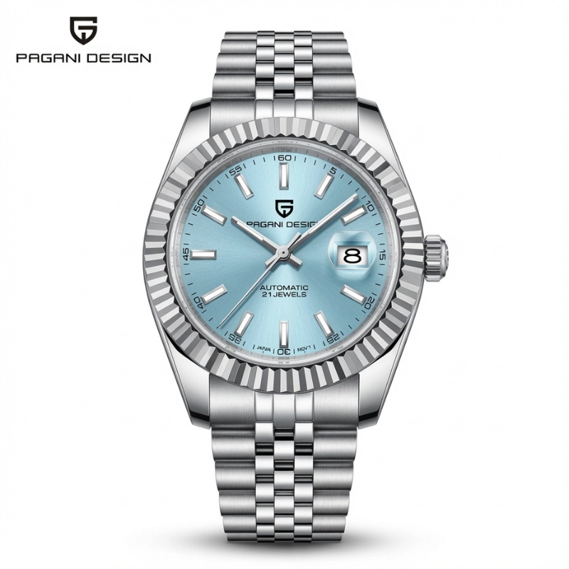 Montre Pagani Design PD-1645 automatique homme, cadran bleu glacier, boîtier acier inoxydable 42 mm et bracelet jubilé