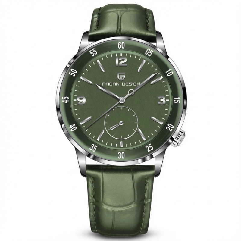 Montre Pagani Design PD-1790 automatique homme, cadran vert avec petite seconde, boîtier acier et bracelet en cuir vert