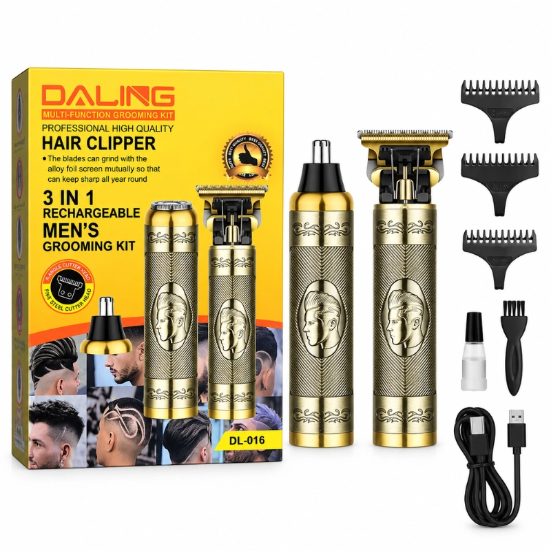Daling DL-016 — Kit tondeuse et rasoir 3 en 1 rechargeable, finition dorée