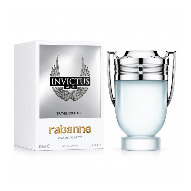 Invictus Aqua Travel Exclusive 100 ml, flacon trophée bleu dépoli et étui blanc