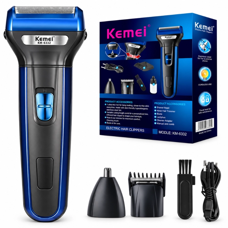 Rasoir Électrique Kemei KM-6332 – Kit 3 en 1 Rasoir, Tondeuse & Nez