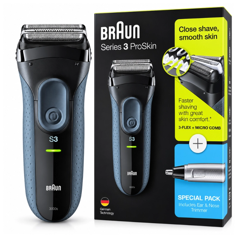 Pack Braun Series 3 ProSkin 3000s : rasoir électrique et tondeuse nez et oreilles