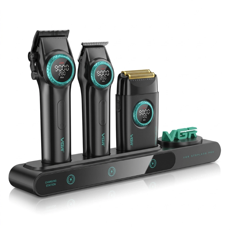 Coffret VGR 3 en 1 noir : tondeuse V-001 PRO, finition V-977, rasoir V-377